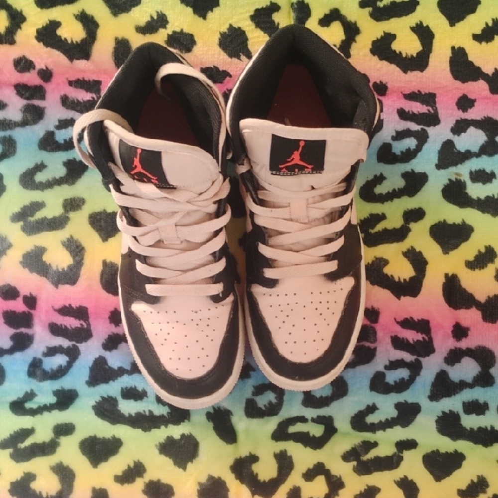 Jordan Kids Black and White High-Top Sneakers with Red Jumpman